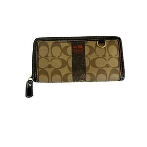 Coach Logo Signature Brown Zip Around Rectangle Wallet Credit Cards Coin Pocket